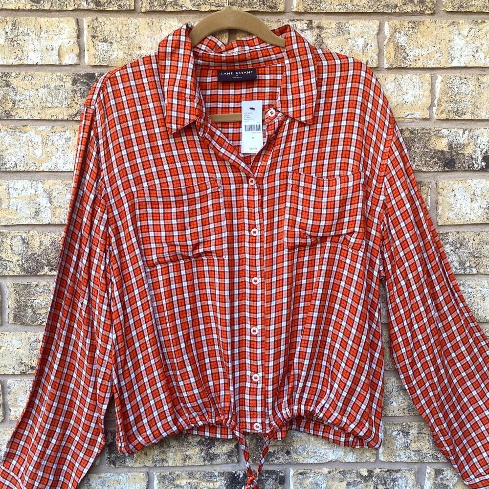 size 14 Lane Bryant flannel plaid top button down no peek cropped tie hem orange - Picture 6 of 6